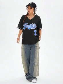 Coolane Letter Graphic Contrast Trim Drop Shoulder Baseball Shirt - Black - View 3