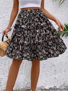 SHEIN LUNE 女士夏季小花印花順摺邊隨機印花裙 - 黑色 - 查看 5