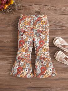 SHEIN 寶寶女孩可愛休閑針織喇叭褲，彈性腰帶和音樂節花卉圖案，親子裝套裝（2件分開售賣）