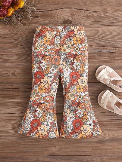 SHEIN Baby Girl Söt Casual stickade utsvängda byxor med resår i midjan och musikfestival blommönster mamma och jag matchande outfits (2 stycken säljs separat)