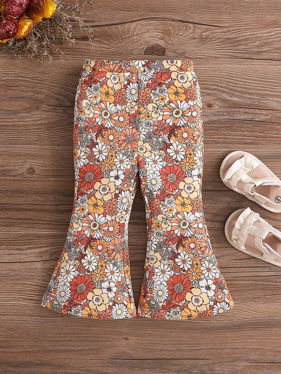 SHEIN 寶寶女孩可愛休閑針織喇叭褲，彈性腰帶和音樂節花卉圖案，親子裝套裝（2件分開售賣）