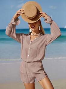 Swim Vcay 夏季衣服夏季海滩纯色宽松落肩半透明罩衫套装 - 藕粉色 - 查看 6