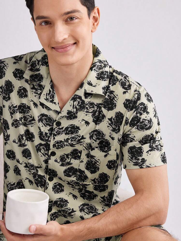 Printed Front Button Short Sleeve Top + Shorts Home Lounge Wear Set