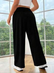 SHEIN EZwear Black Knitted Ladies Plus Size Loose Wide Leg Letter Patterned Casual Pants