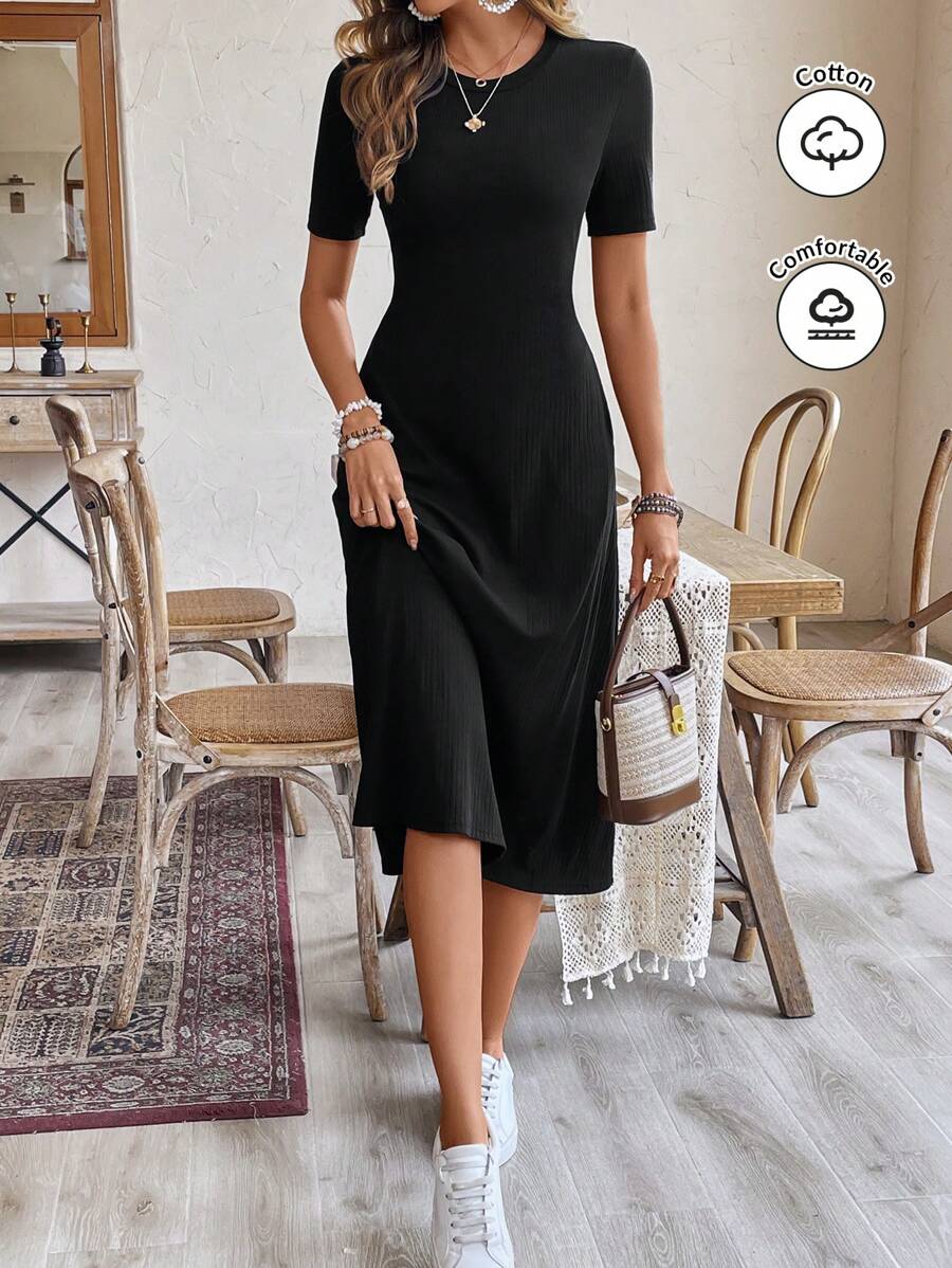 SHEIN Frenchy Women Earthy Clothes Work Women Dresses Mother Day Dress Casual Short-Sleeve Round Neck Summer Black Long Dress,Commute,Office,Old Money,Simple,Minimalist,Summer Dresses For Women