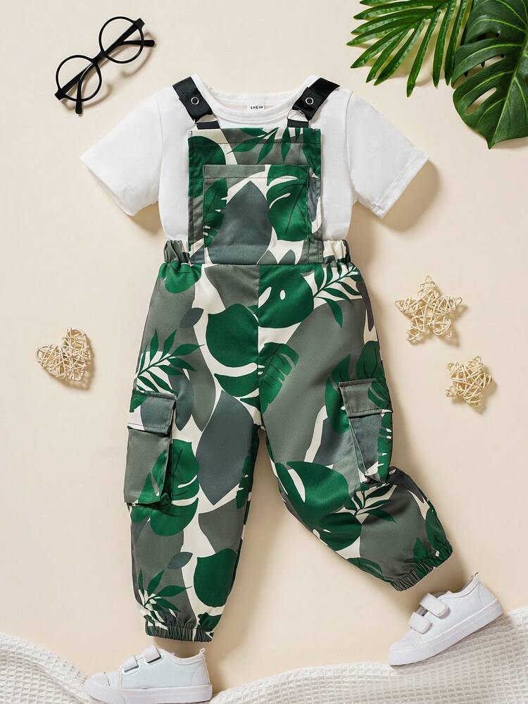 Baby Boys Spring Summer Casual Streetwear Tropical Rainforest Plant Pattern Workwear T-Shirt + Overalls Set