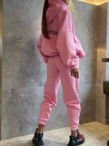 INAWLY 女式簡約素面帽t衫和褲子套裝 - 粉色 - 查看 4