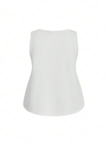 Easithlete Plus Size Women Sports Suit, Letter Print Round Neck Vest, Criss-Cross Back Vest And Striped Leggings Three-Piece Fitness Yoga Set - Black and White - View 2