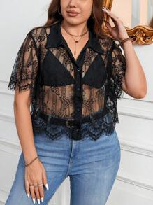 SHEIN Privé 優雅的大碼女士襯衫，鬆身蕾絲領，黑色顏色和鬆身設計，短袖和花紋薄紗 - 黑色 - 查看 4