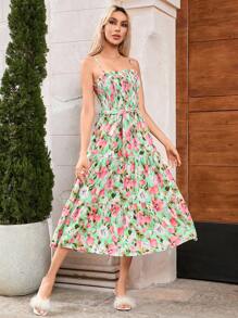 Aveloria 夏季無袖連身裙，細肩帶，腰帶，荷葉邊和花卉印花