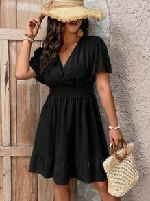 SHEIN Plus Size V-Neck Ruffle Trimmed Waist Cinching Casual Spring Summer Dress - Black - View 6