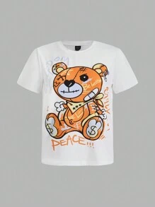 Slaydiva Casual Minimalist Cartoon Orange Bear Graphic Fitted Round Neck Short Sleeve T-Shirt For Plus Size Women, Suitable For Summer
