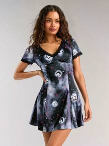 Forever 21 Women Lace Patchwork Star Moon Print Music Festival Spring Summer Short Sleeve Dress - Black - View 4