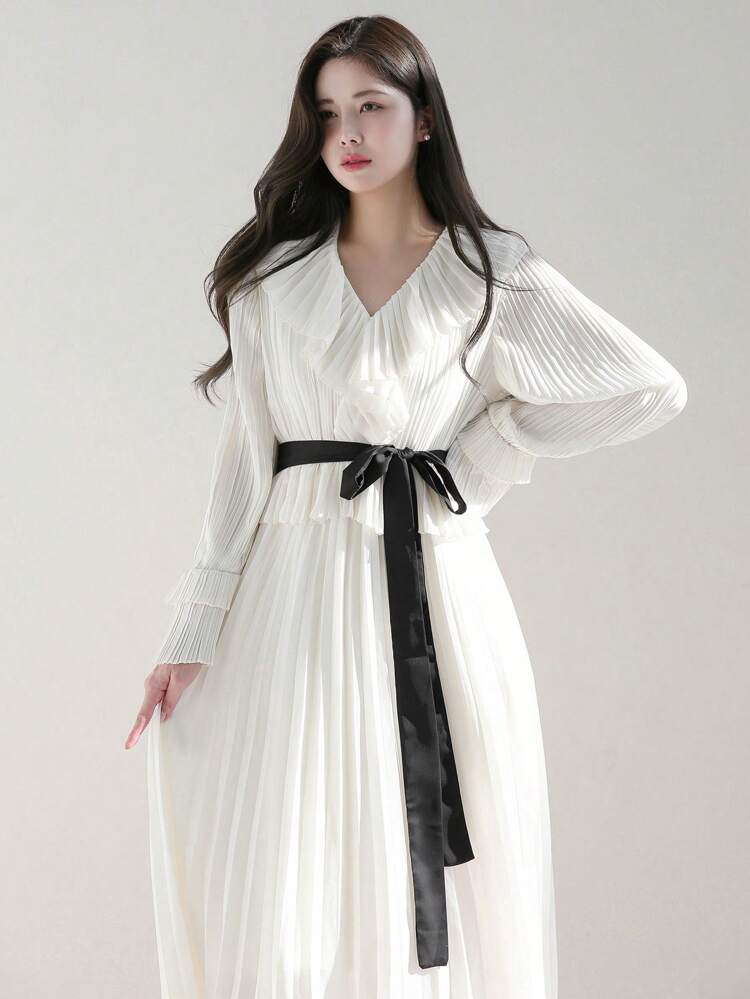 Women Fashion Solid Color Ruffled Long Sleeve Waist-Control Dress,Fall Dress