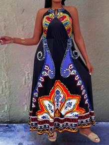 Breezaya Plus Size Women Boho National Style Floral Printed Sleeveless Halterneck Dress, For Summer