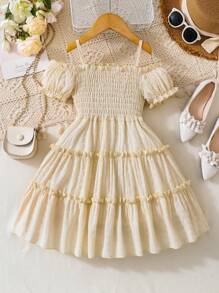 SHEIN Holiday,Summer,TravelYoung Girl Casual And Cute Open Shoulder A-Line Dress With Pleats - Khaki - View 2