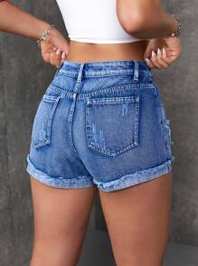 Shorts de mezclilla casuales para mujeres con dobladillo enrollado y estampado floral y bolsillos