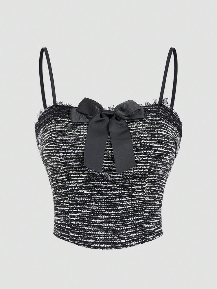 Women Bow Detail Decorated Fringed Camisole Top