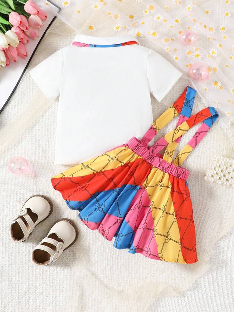 Baby Girl Casual Button-Front Short Sleeve Top, Two-Tone Suspenders Skirt And Tie 3 Piece Outfit Set