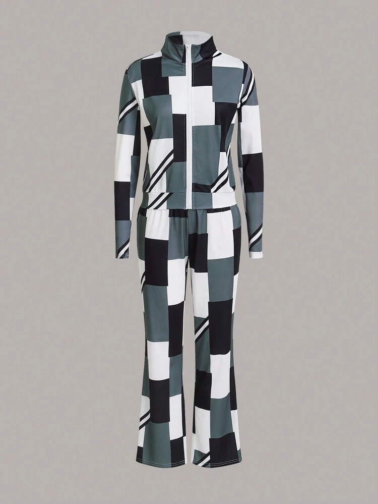 Leisure Color-Block Stand Collar Long Sleeve Top And Flared Pants Set