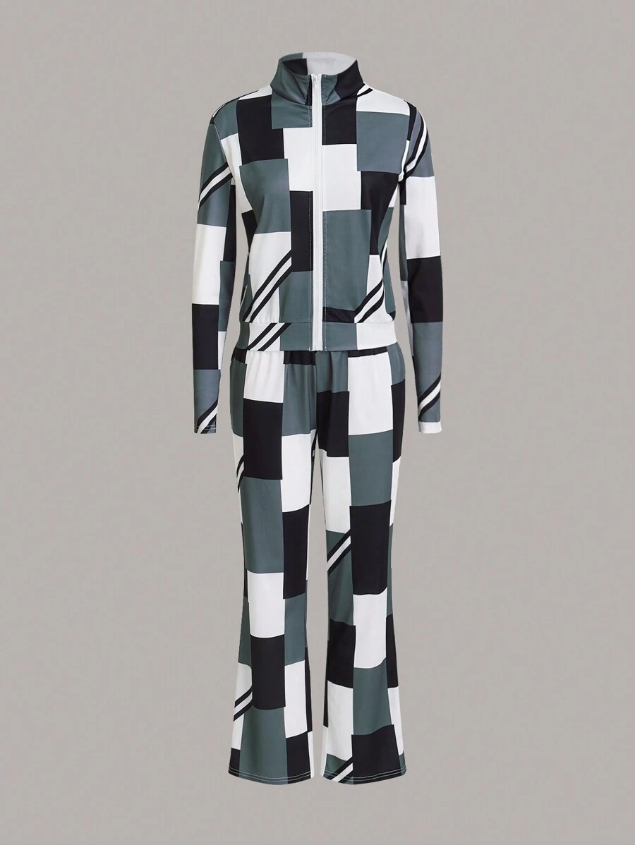 SHEIN Unity 休閒拼色立領長袖上衣和喇叭褲套裝 - 黑與白 - 查看 1