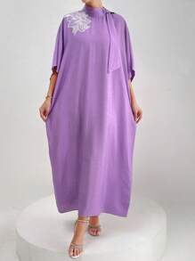 Yasmyna 女士立领蕾丝拼布连衣裙土耳其长袍，朴素全长长袍，休闲长袖连衣裙