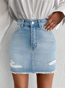 RueChic Women Fashionable High-Waisted Ripped Denim Skirt With A Unique Design - Light Wash - View 1