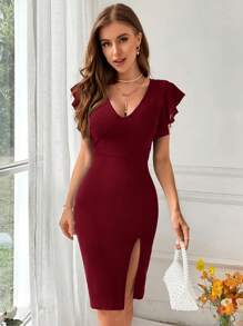 SHEIN Privé Vestido de manga corta acampanada y de corte ajustado en unicolor de moda para mujeres - Rojo - Ver 5