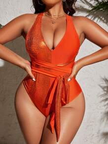 Swim Lushoire 1 bộ đồ bơi liền thân in họa tiết cá sấu cỡ lớn cho nữ mùa hè - trái cam - Xem 1