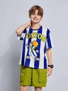 Tween Boy Loose Fit Áo thun ngắn tay họa tiết hoạt hình sọc đơn giản và quần short - trắng - Xem 3