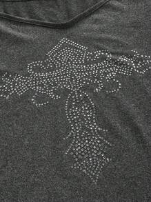 ROMWE Goth 女士十字形鑽石短袖T恤，大開襟設計 - 深灰色 - 查看 3