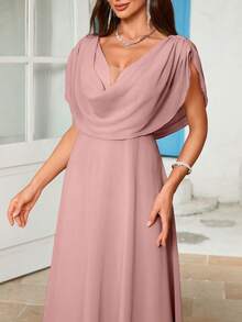 Solid Color Chiffon Draped Neck Bridesmaid Dress - Dusty Pink - View 3