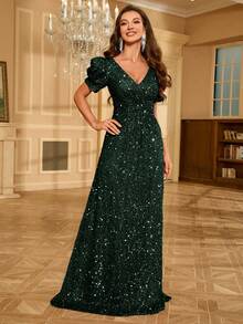 UNITHORSE V 领闪亮泡泡袖派对礼服婚礼宾客礼服正式礼服晚礼服、新娘礼服、生日女士服装、毕业礼服、长袍 - 墨綠色 - 查看 4