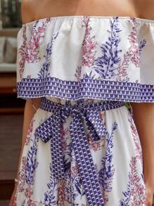 GENKIRA 夏季假日休闲植物印花拼接露肩收腰连衣裙 - 彩色 - 查看 7