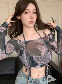 Dazy Designer Women Thin Transparent Design Halter Drawstring Off Shoulder Long Sleeve Top Sheer,Fall Women Clothes Crop Women Tops