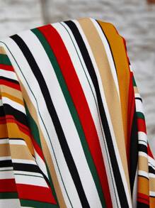 SHEIN LUNE 大尺碼夏季休閒條紋無背心連衣裙，彎曲的下擺線條 - 綠色 - 查看 6