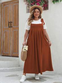 大码休闲纯色褶皱长款吊带背心连衣裙 - 卡其色 - 查看 6