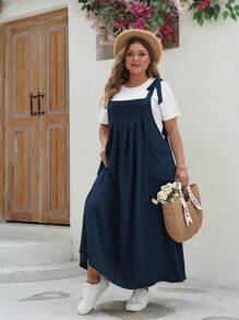 Plus Size Vacation Casual Solid Color Pleated Dress With Spaghetti Strap - Blue - View 5
