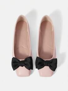 CUCCOO DOLLMOD Flat Square Toe Ballerina Shoes With Pink Bow, French Style For Women Vacation Shoes Summer - Pink - View 2