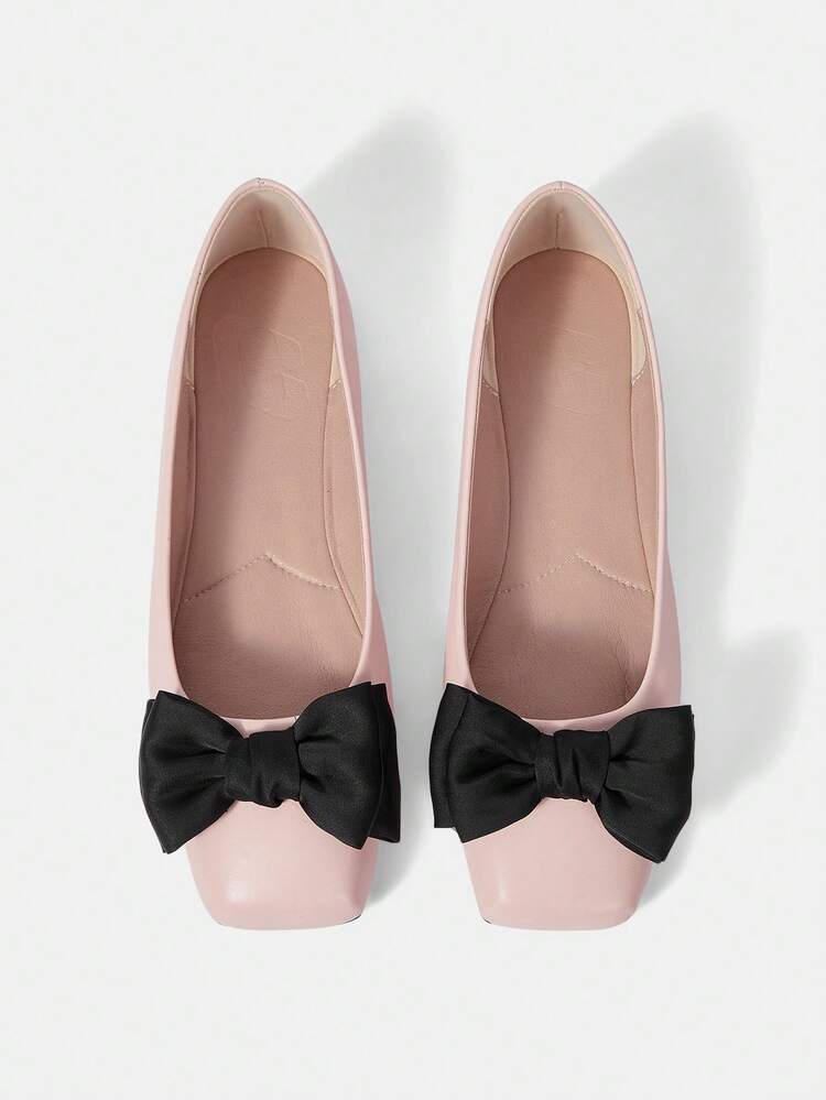 Flat Square Toe Ballerina Shoes With Pink Bow, French Style For Women Vacation Shoes Summer
