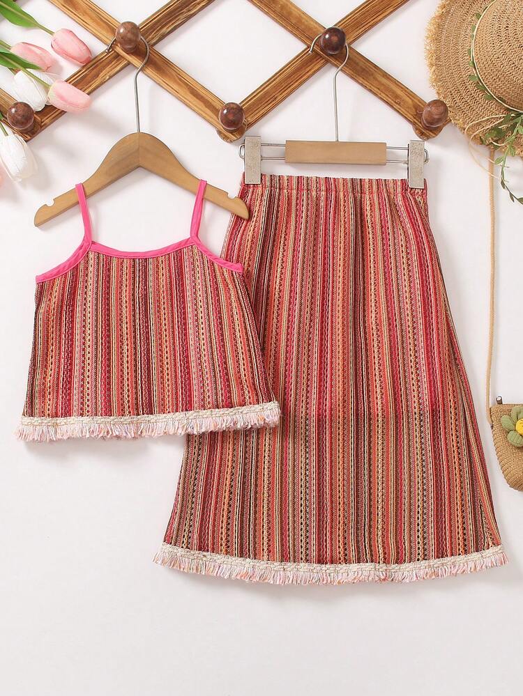 Young Girl Summer Holiday Striped Fringed Hem Cami Top And Skirt Set In Color Block