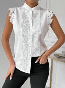 RosyDaze Blusa de mujer elegante de unicolor de verano con cuello alto, sin mangas y con aplicaciones de encaje