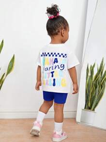 SHEIN Baby Girl Cute And Funny Printed Short Sleeve Top And Shorts Set - Blue - View 1