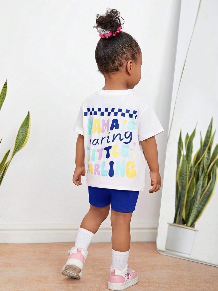 SHEIN Baby Girl Cute And Funny Printed Short Sleeve Top And Shorts Set - Blue - View 1