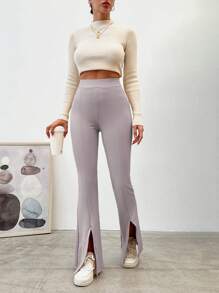 RueChic Solid Elastic Waist Seam Front Split Hem Pants - Dusty Pink - View 1