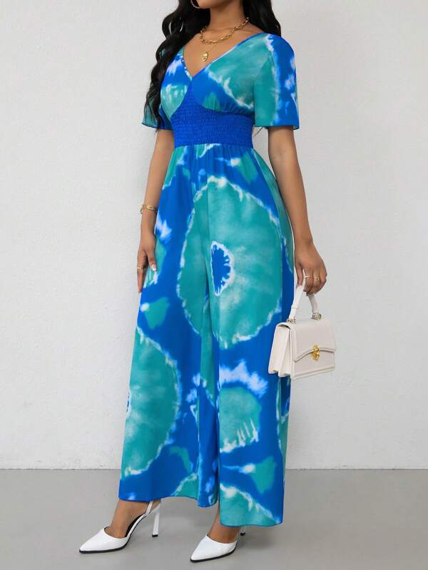 Lyxana Casual Tie-Dye Printed High Waist Wide Leg Jumpsuit For Spring/Summer