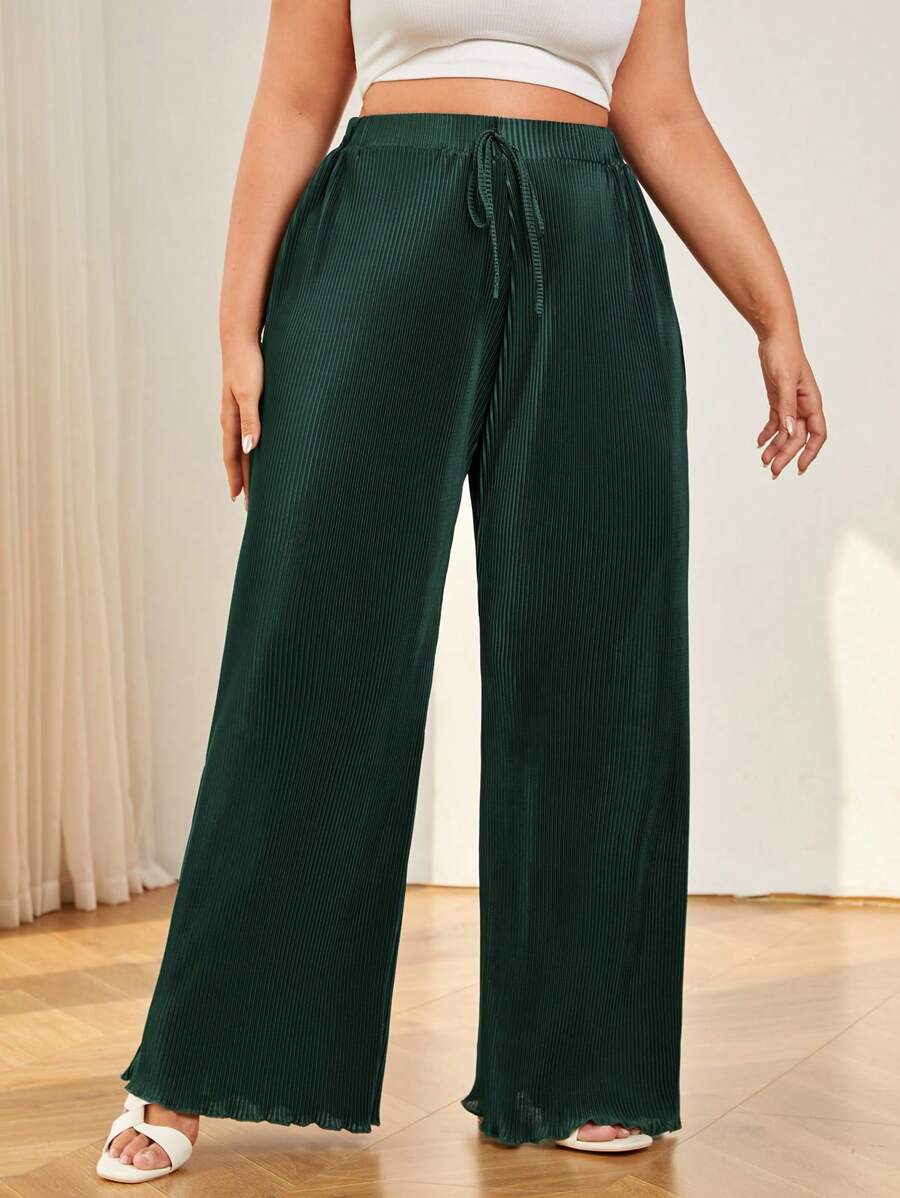 SHEIN Essnce 女性加大尺碼褶皺波浪邊休閒約會橄欖綠色長褲