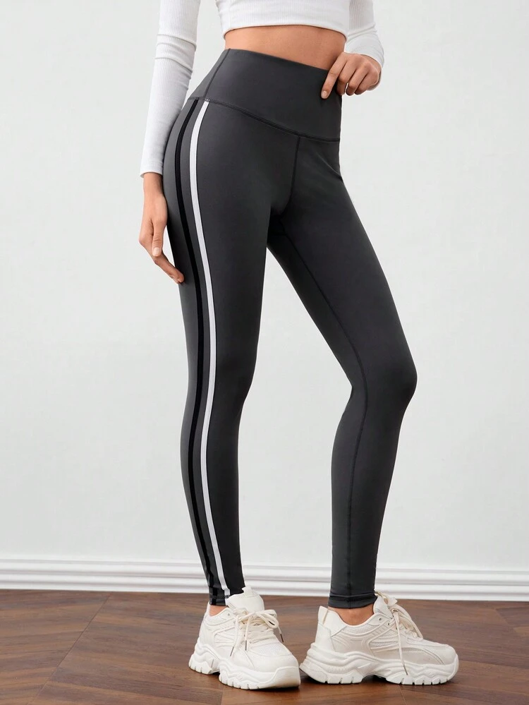Color Block Stripe Decoration High Waist Elastic Fashionable Casual Sports Leggings