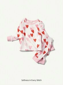 Cozy Pixies Set di pigiami per neonata con vestibilità aderente, motivo a cuore, colletto rotondo, top pullover a manica lunga e pantaloni con piedini