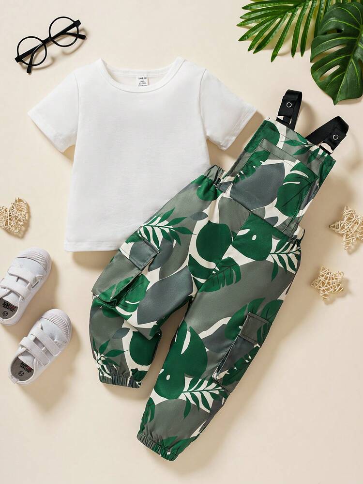 Baby Boys Spring Summer Casual Streetwear Tropical Rainforest Plant Pattern Workwear T-Shirt + Overalls Set